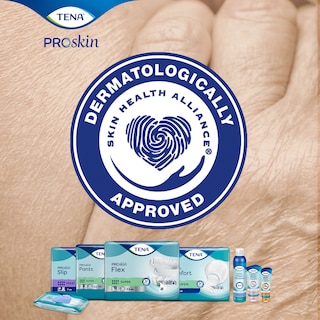 Icon for the "dermatologically approved" claim alongside a selection of TENA products, including skincare items and briefs, shown in front of a close‑up background image of a hand