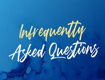 Blue background with watercolor pattern, Infrequently asked questions written on top of it