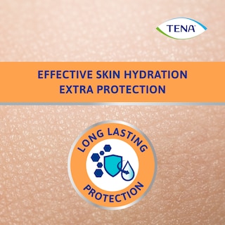 Macro image of human skin, caption that says "effective skin hydration, extra protection", and the icon for the claim "long lasting protection"
