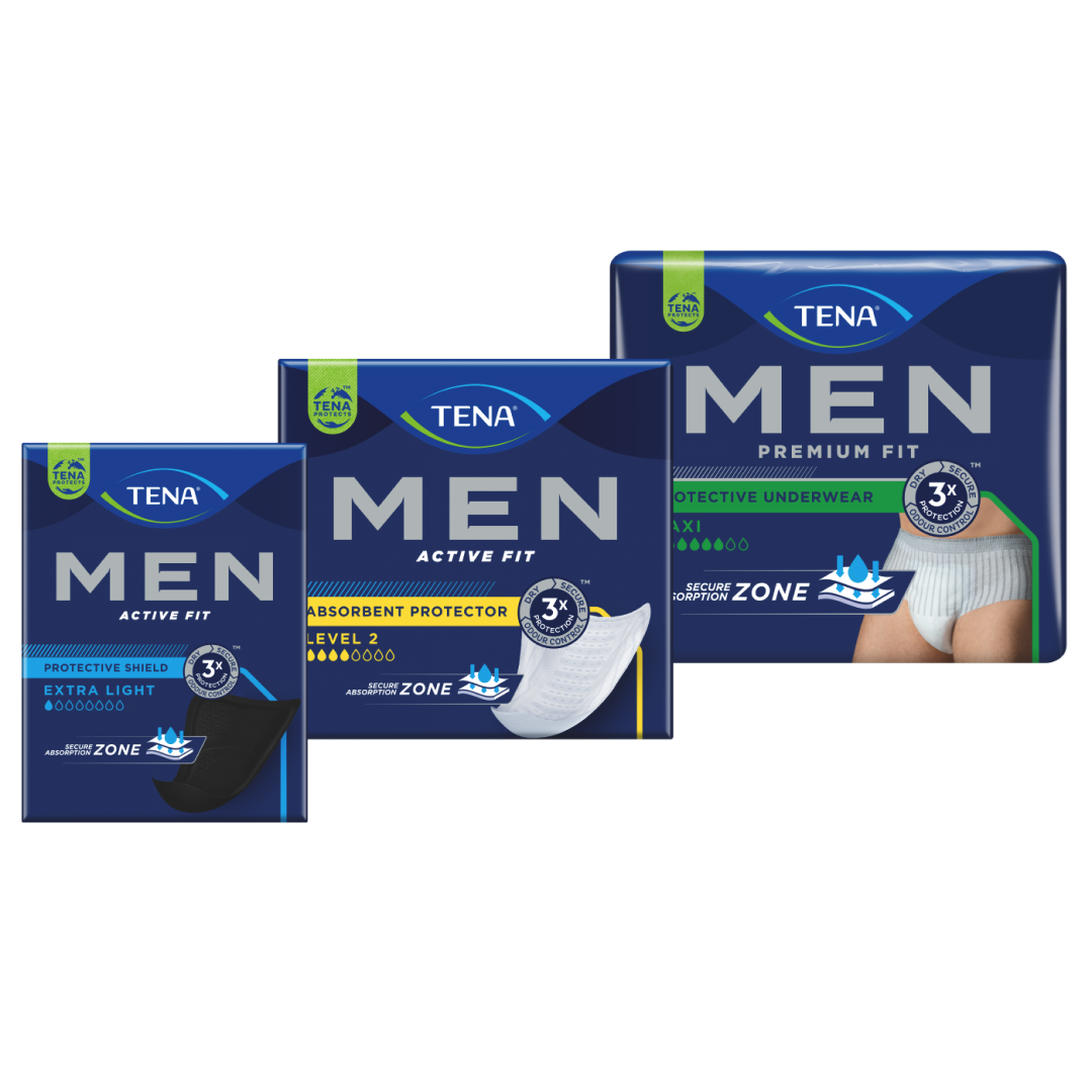 Een afbeelding van een assortiment TENA-incontinentiemateriaal voor mannen.