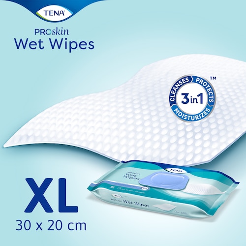 Vlhčené utierky TENA ProSkin Wet Wipe sú vlhčené utierky vo veľkosti pre dospelých 