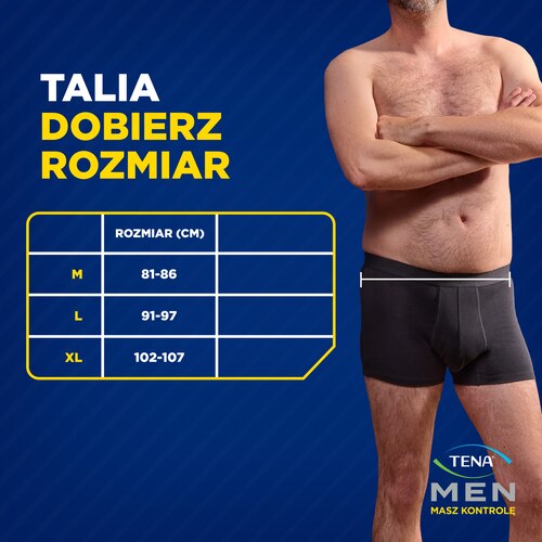 Tabela rozmiarów dla wielorazowych bokserek TENA Men