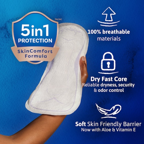 TENA Sensitive Care Extra Coverage Overnight Pads have five in one protection with SkinComfort™ formula.