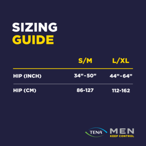 Size guide for TENA Men Extra Coverage Overnight Underwear