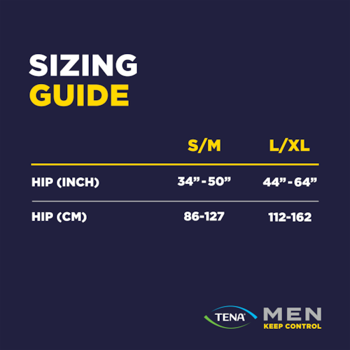 Size guide for TENA Men Extra Coverage Overnight Underwear
