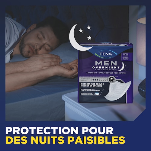 TENA Men Overnight Extra Coverage Guards provide you with worry free nighttime protection.