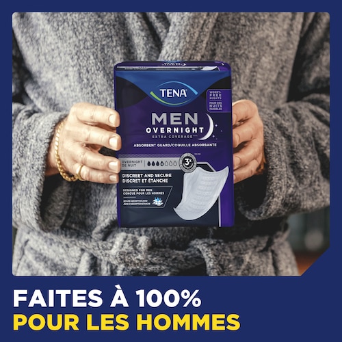 TENA Men Overnight Extra Coverage Guards are designed for men.