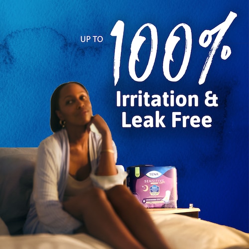 TENA Sensitive Care Extra Coverage™ Overnight are up to 100% irritation and leak free