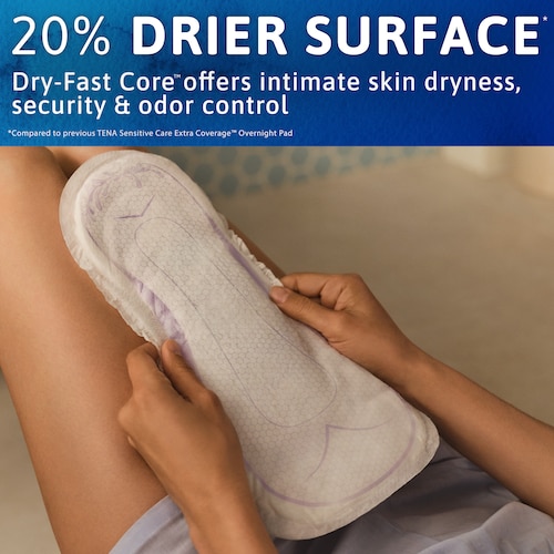 TENA Sensitive Care Extra Coverage Overnight has 20% more coverage than the TENA Ultimate pads and 20% drier surface compared to the previous Sensitive Care Extra Coverage™ Overnight pad
