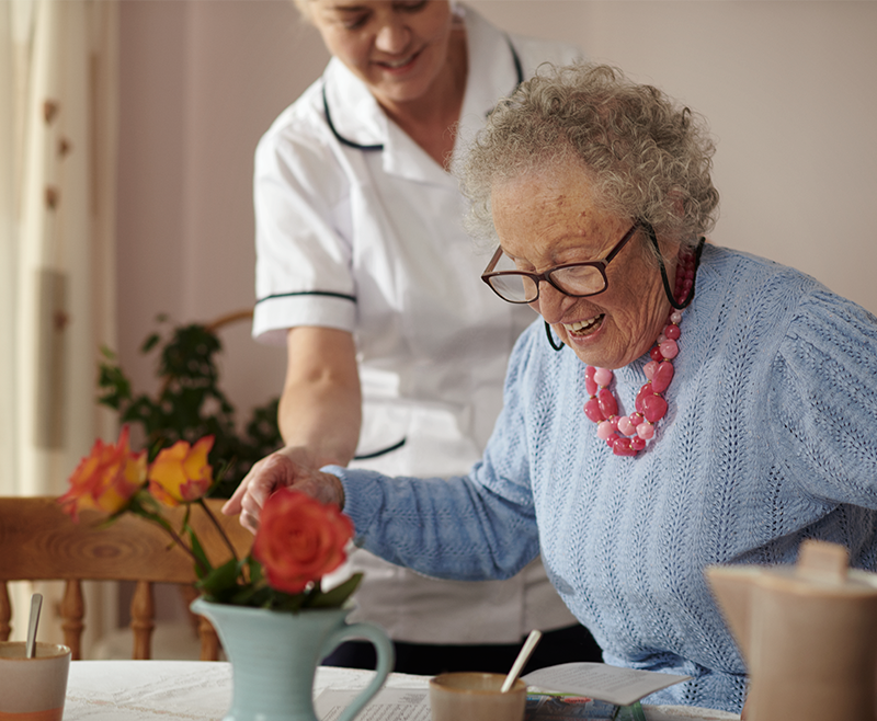 A female professional caregiver helping an elderly lady sit