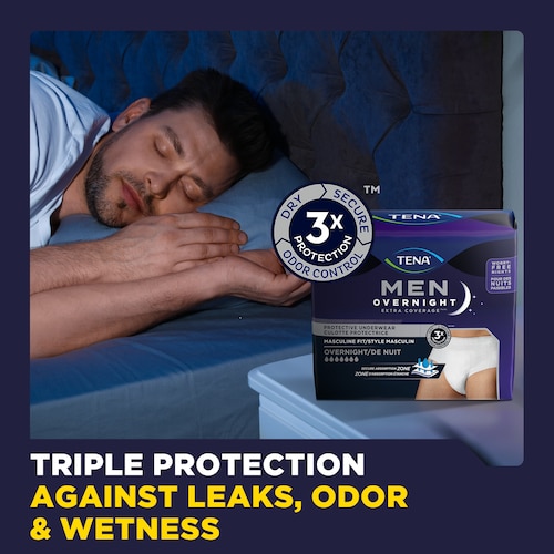 TENA Men Extra Coverage Overnight Underwear have triple protection against leaks, odour and wetness.