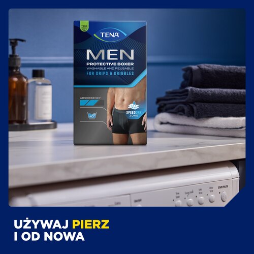 Noś, pierz i od nowa Nadającą się do prania bieliznę chłonną TENA Men Protective Boxers należy prać w temperaturze 40˚C.