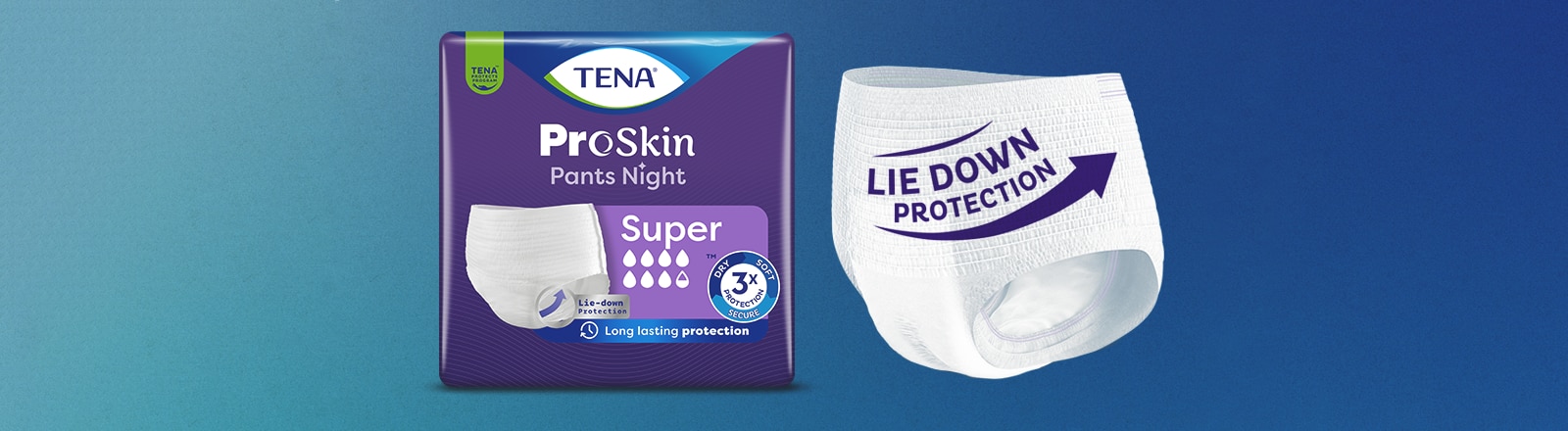 A pair of TENA Proskin Pants Night, in front of its package. Superimposed text reads, “lie-down protection.” 