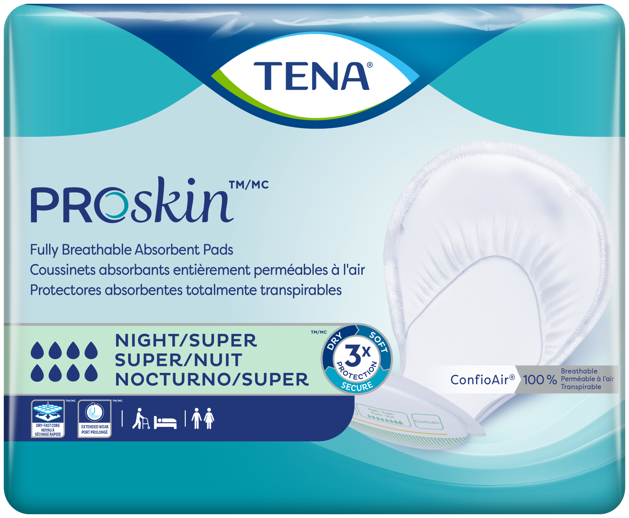 TENA ProSkin Super de nuit | Coussinets absorbants grand format entièrement perméables à l’air