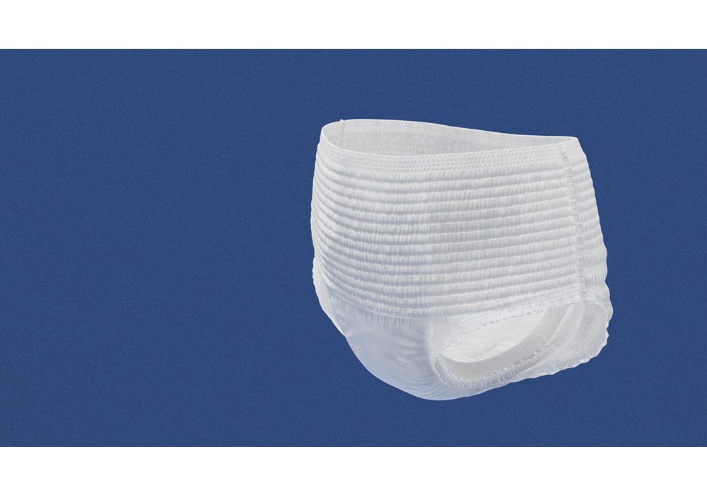 Een TENA broekje tegen een blauwe achtergrond