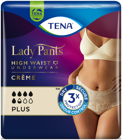 TENA Lady Pants – vpojne hlačke za inkontinenco z visokim pasom v bež barvi
