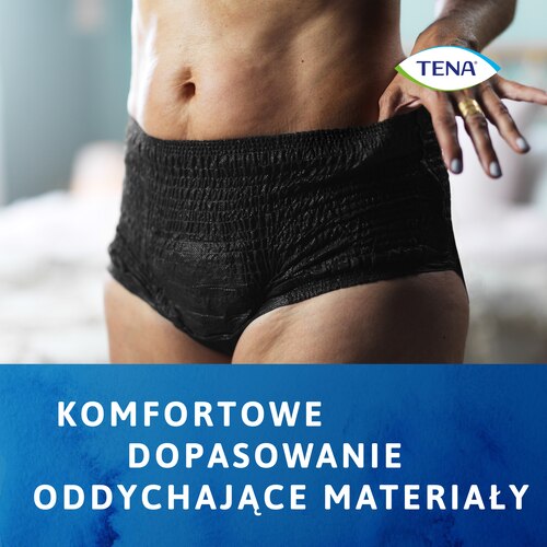 Bielizna TENA Lady Black charakteryzuje się wygodnym dopasowaniem i oddychającymi materiałami.