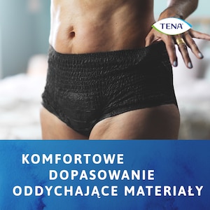 Bielizna TENA Lady Black charakteryzuje się wygodnym dopasowaniem i oddychającymi materiałami.