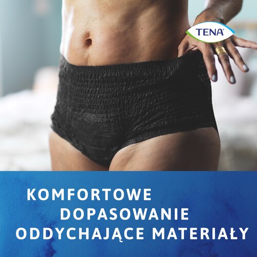 Bielizna TENA Lady Black charakteryzuje się wygodnym dopasowaniem i oddychającymi materiałami.