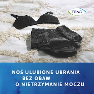 Czarna bielizna TENA Lady leżąca na łóżku z dopasowanym biustonoszem
