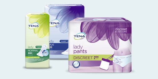 عبوات مجموعة تينا ليدي (TENA Lady range)، وتينا ليدي ديسكريت نورمال (TENA Lady Discreet Normal)، وتينا ليدي اكسترا (TENA Lady Extra)، وتينا بانتس ديسكريت (TENA Pants Discreet)