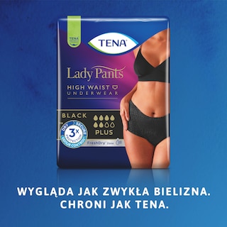 Zdjęcie opakowania bielizny TENA Lady Black z napisem "Wygląda jak zwykła bielizna. Chroni jak TENA"