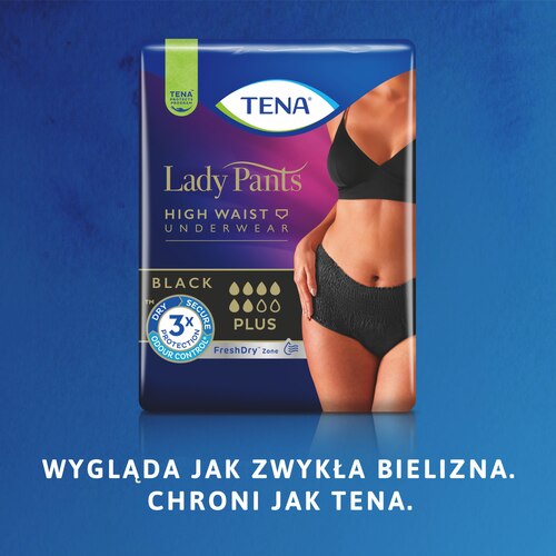 Zdjęcie opakowania bielizny TENA Lady Black z napisem "Wygląda jak zwykła bielizna. Chroni jak TENA"