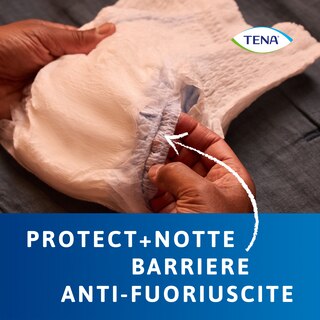 Barriere blu di sicurezza anti-fuoriuscite presenti su TENA Pants protect+ Plus Night – TENA