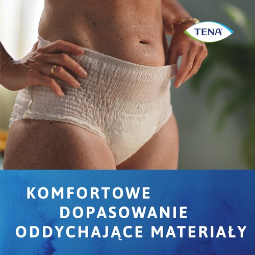 Bielizna TENA Lady charakteryzuje się wygodnym dopasowaniem i oddychającymi materiałami.