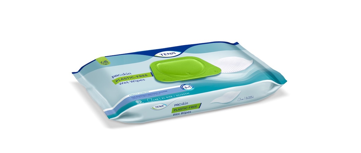 A package of TENA ProSkin plastic-free wet wipes. 