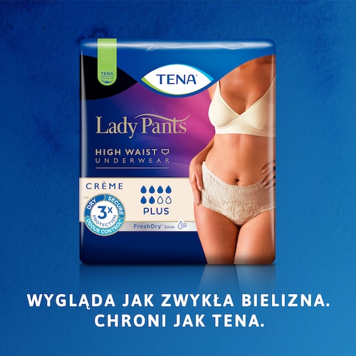 Zdjęcie opakowania bielizny TENA Lady z napisem "Wygląda jak zwykła bielizna. Chroni jak TENA"