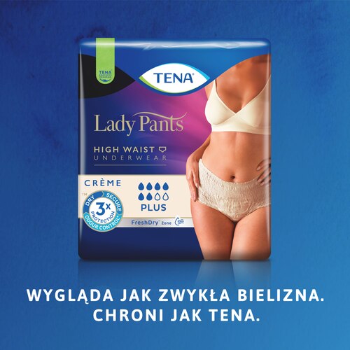 Zdjęcie opakowania bielizny TENA Lady z napisem "Wygląda jak zwykła bielizna. Chroni jak TENA"