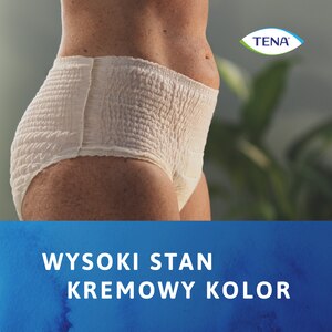 Bielizna TENA Lady pokazana na sylwetce, z wysokim stanem i w kolorze kremowym.