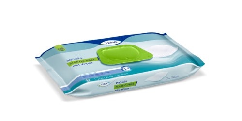 Een verpakking van TENA ProSkin vochtige doekjes zonder plastic. 