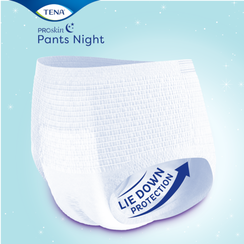 TENA ProSkin Pants Night Inkohousujen Lie Down Protection -ominaisuuden ansiosta housujen takaosa on imukykyisempi