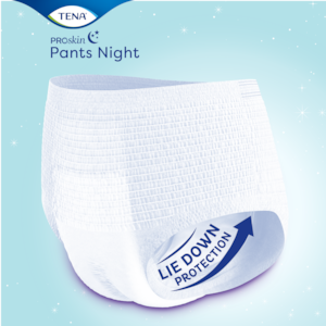 S ochranou pri ležaní a s vyššou absorpčnou schopnosťou v zadnej časti absorpčných nohavičiek TENA Pants Night.