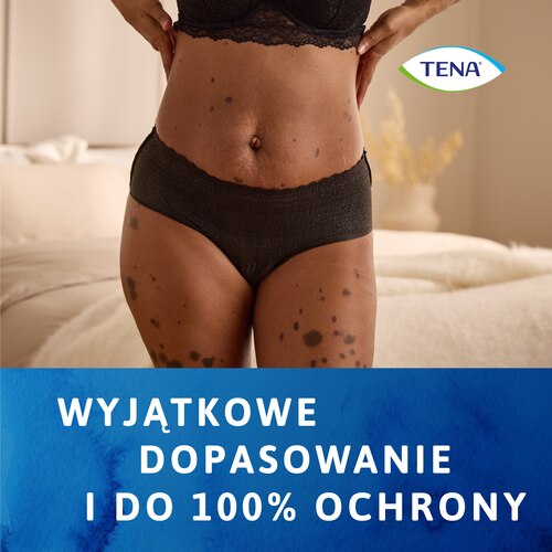 Kobieta w ściśle przylegającej bieliźnie TENA Silhouette zapewniającej do 100% ochrony