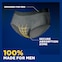 Product illustration of the TENA Men Maximum Plus underwear with the captions that it has secure absorption zone and that it is made 100% for men