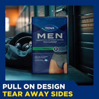 Pack of the TENA Men Maximum Plus underwear lying on table next to a bag, with the caption "pull on design, tear away sides"
