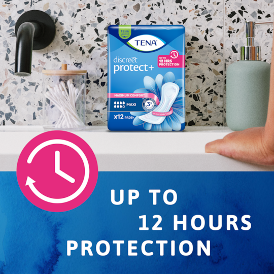 Up to 12 hours protection with TENA Discreet Protect+ Maxi