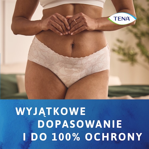 Kobieta w ściśle przylegającej bieliźnie TENA Silhouette zapewniającej do 100% ochrony