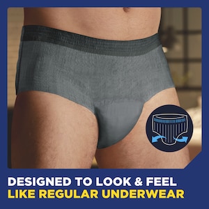 TENA Men Maximum Plus underwear on a man with the caption that they are designed to look and feel like regular underwear
