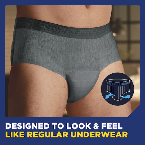 TENA Men Maximum Plus underwear on a man with the caption that they are designed to look and feel like regular underwear