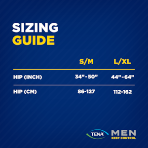 Size guide for the TENA Men Maximum Plus underwear