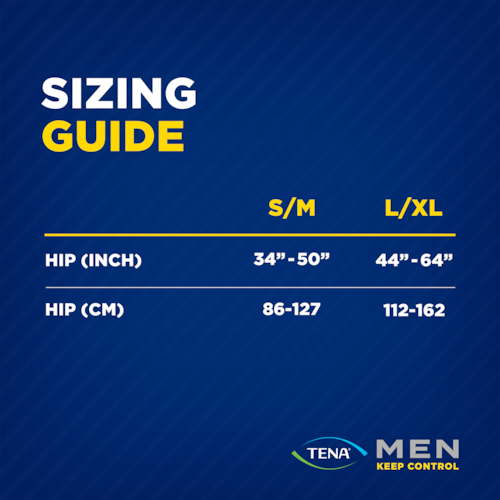 Size guide for the TENA Men Maximum Plus underwear