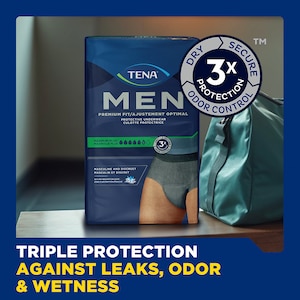 TENA Men Maximum Plus underwear pack on a table with the caption "Triple protection against leaks, odor and wetness"