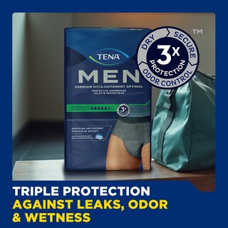 TENA Men Maximum Plus underwear pack on a table with the caption "Triple protection against leaks, odor and wetness"
