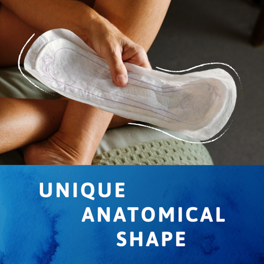 Unique anatomical shape of the TENA Discreet Protect+ Incontinence pad