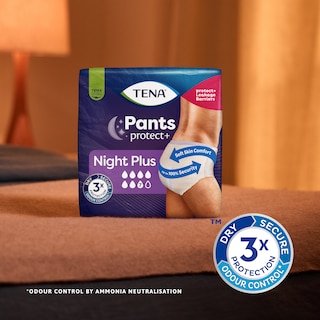 Embalagem de TENA Pants protect+ numa cama com ícone de tripla proteção 