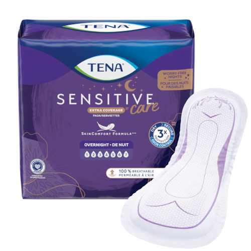 TENA Sensitive Care Pads Overnight Packshot with the Product